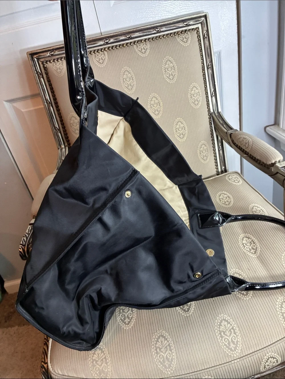 Tory Burch Black Nylon Tote with Glossy Patent Logo and Handles